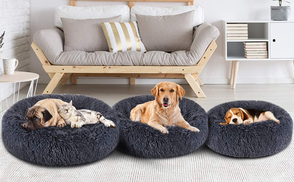 Кішечка Queta: зручне ліжко для кота та маленької собаки, м'яке, плюшеве, кругле, 60 см, світло-сірий