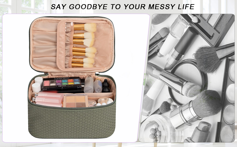 Жіноча косметичка для подорожей, водонепроникна, з відділенням для пензлів, з PU шкіри, велика, зелена (матічас)
