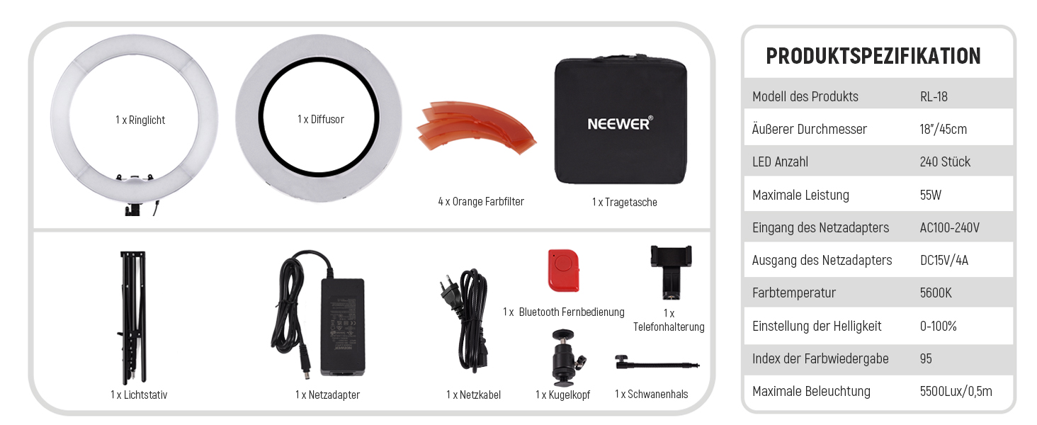 NEEWER Кольцеве світло 50 см (20 дюймів) LED з триподом та тримачем для телефону, 44 Вт, 3200K-5600K, з акумулятором, USB, для макіяжу, тату, вій, YouTube, TikTok, відеозйомки (RL-18)