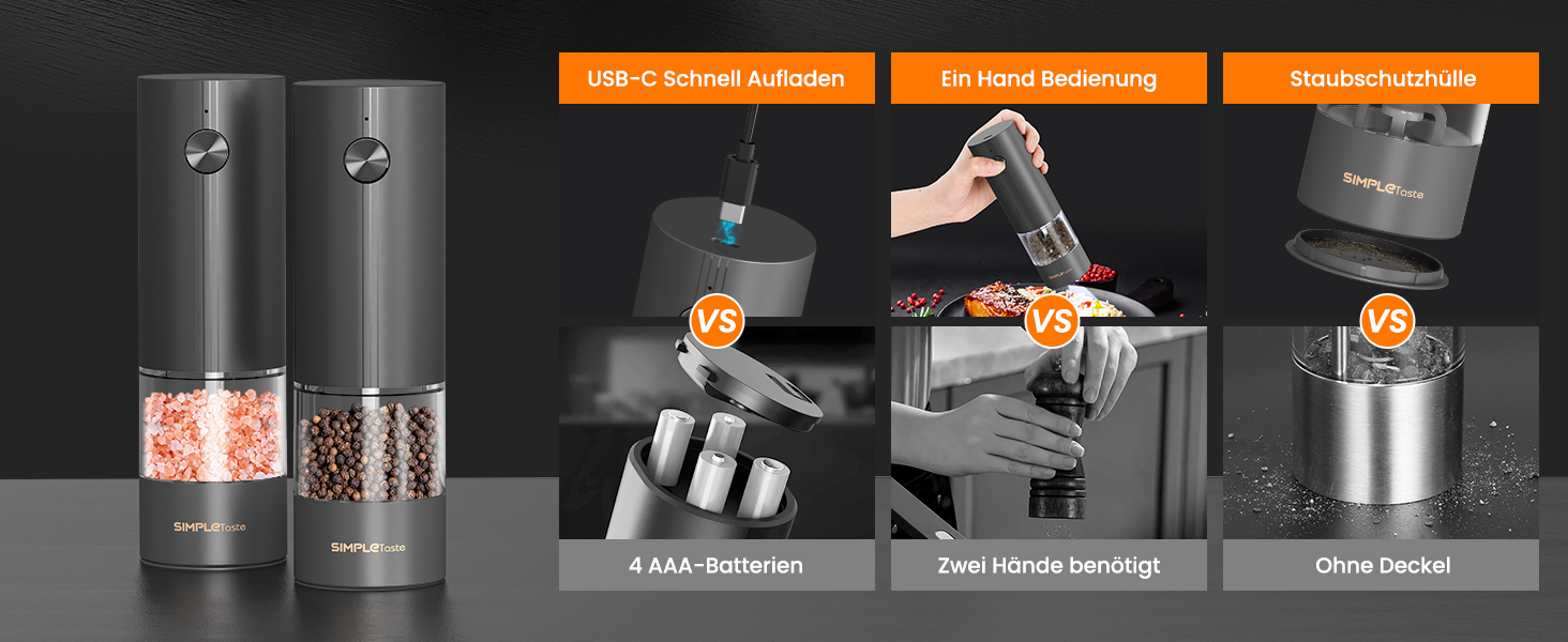 Електричні мельниці для спецій SIMPLETASTE 2 шт. з регульованим керамічним жорном, ABS, працюють від батарейок