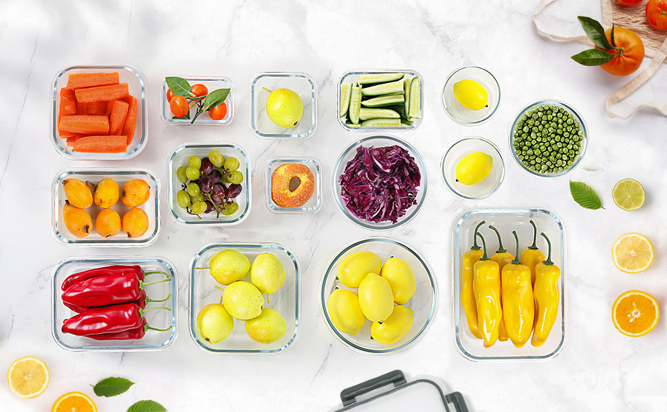 Набір скляних контейнерів Komuee 24 шт. для зберігання продуктів, сірий. BPA-free, для мікрохвильової печі та посудомийної машини