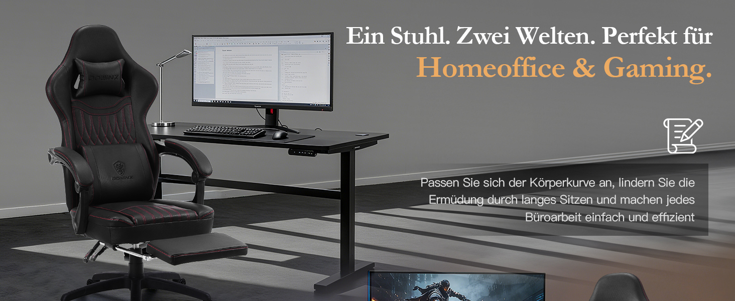 Ігровий крісло Dowinx з підголівником та масажем попереку, ергономічний геймерський крісло з підніжкою, офісне крісло з PU шкірою, чорний