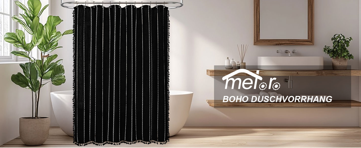 Штора для душу Meioro Boho в смужку, льон, 183x183 см, з гачками (чорна)