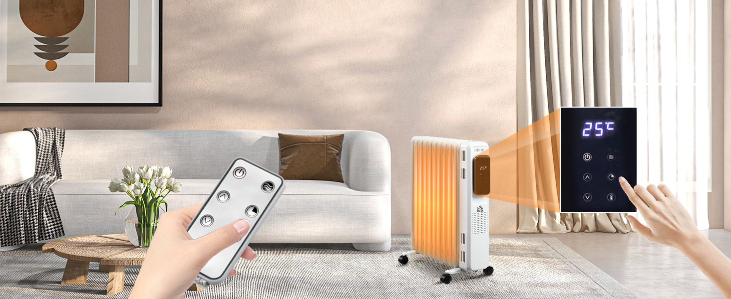 HOMCOM Портативний масляний радіатор з електронагрівом, 2500W, 3 режими, таймер, 11 секцій, білий, сталь, 50.5 x 24 x 63 см
