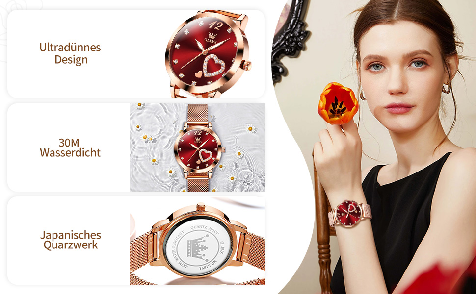 Годинник жіночий OLEVS Roségold: стильні годинники з нержавіючої сталі з мережевим ремінцем, ультратонкі, з діамантовим сердечком, водостійкі, рожеве золото