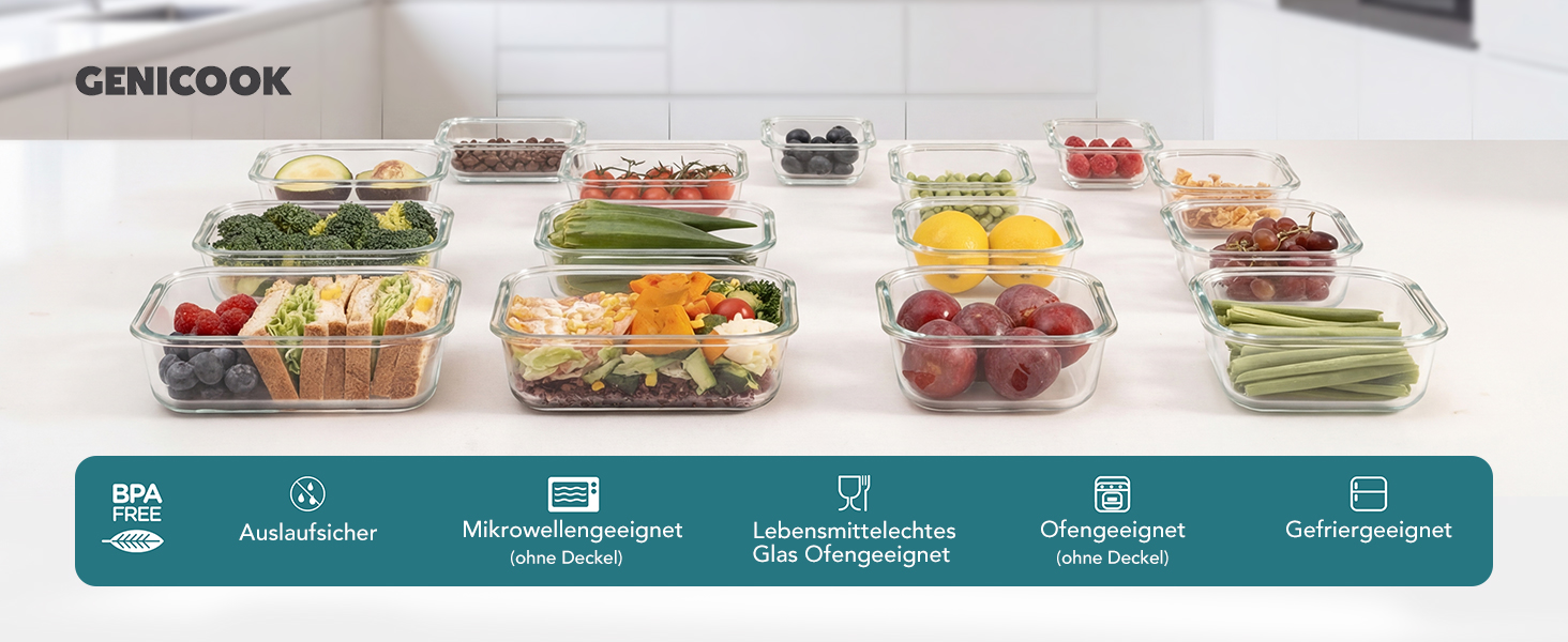Скляні контейнери для зберігання їжі з кришками, набір Frischhaltedosen, Meal Prep - темно-зелені. Підходять для мікрохвильовки, духовки, морозилки та посудомийної машини.