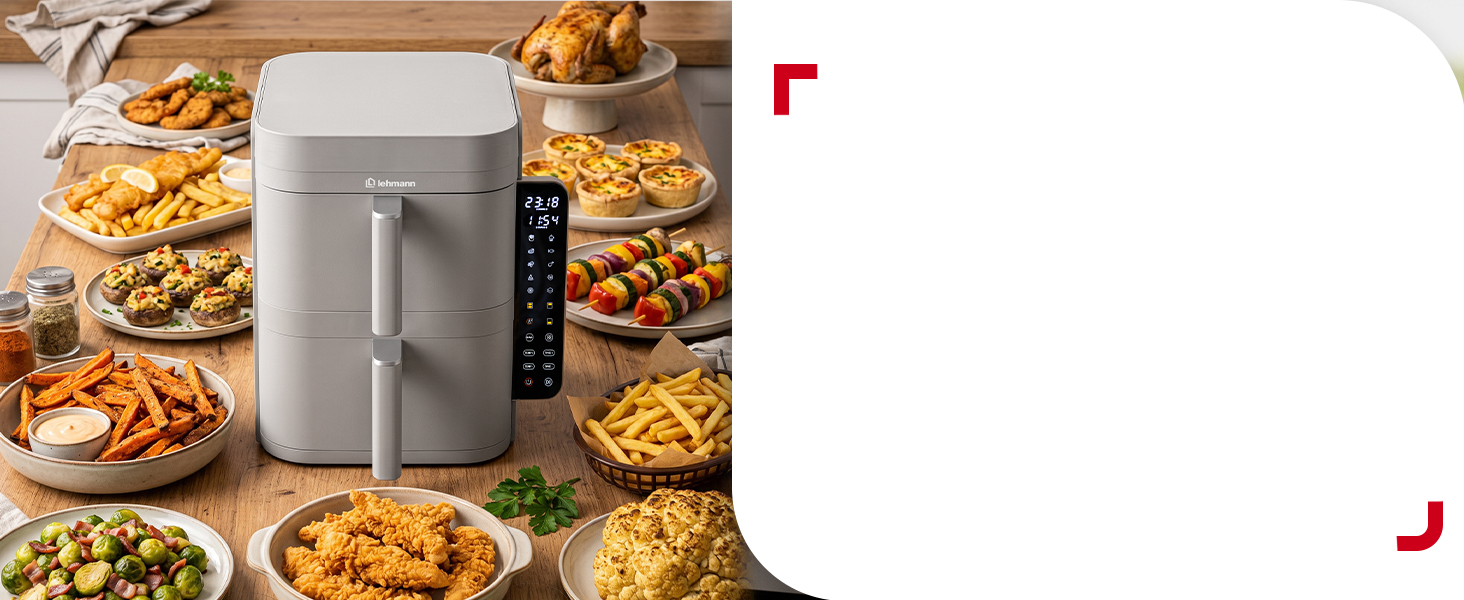 Аерофритюрниця з двома камерами LEHMANN XXL 12L, безмасляний Airfryer на 2800 Вт, 10 програм, антипригарне покриття, бежевий