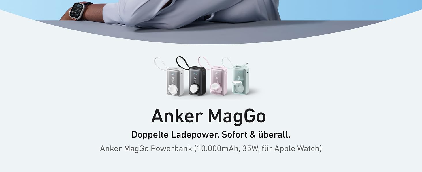 Повербанк Anker MagGo 10000mAh для Apple Watch та iPhone 17/16/15, Samsung, iPad — сертифікований, з вбудованим кабелем USB-C, потужність 35W, білий