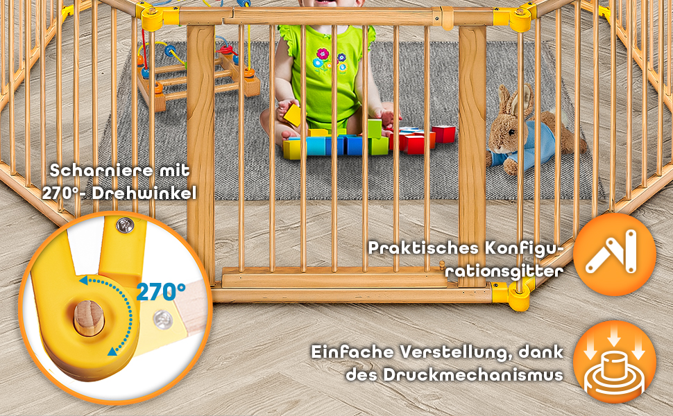 Дитячий манеж KIDUKU® XXL 7,2 м: розкладний, з дверцятами та подвійним замком | 8 елементів, індивідуальна форма, білий/натуральний колір