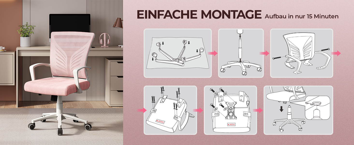 Крісло офісне Yaheetech ергономічне з регулюванням висоти, поворотне, з м'яким сидінням, для офісу/кабінету, світло-рожеве (2 шт)