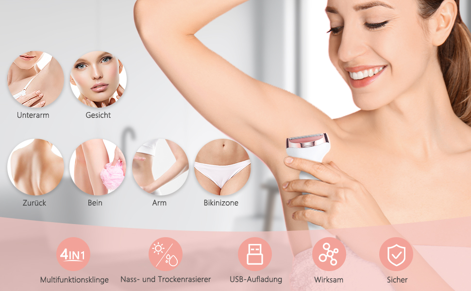 Електричний жіночий тример ACWOO 4-в-1 для обличчя, носа, під пахвами, в зоні бікіні та інтимній зоні, USB-зарядка, рожевий
