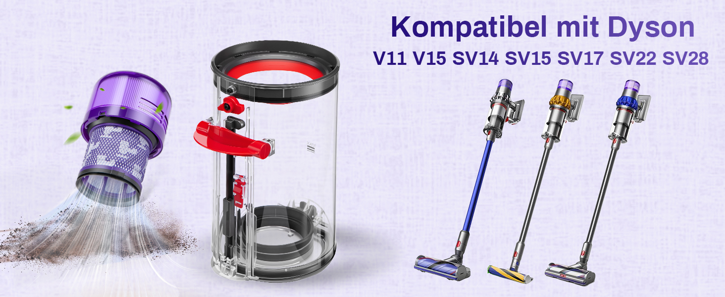Покращений контейнер для пилу Dyson V11, V15, Zubehör, сумісний з моделями SV14, SV15, SV17, SV22, SV28. Замінні частини: контейнер для пилу + фільтр (970050-01/965443-01)