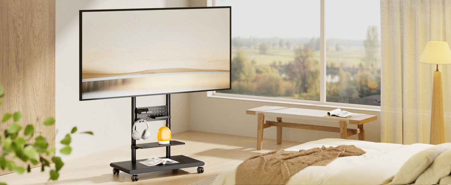 Підставка для телевізора на колесах, 50-90 дюймів, до 70 кг, регульована висота та нахил, з полицями, VESA 600x400 мм