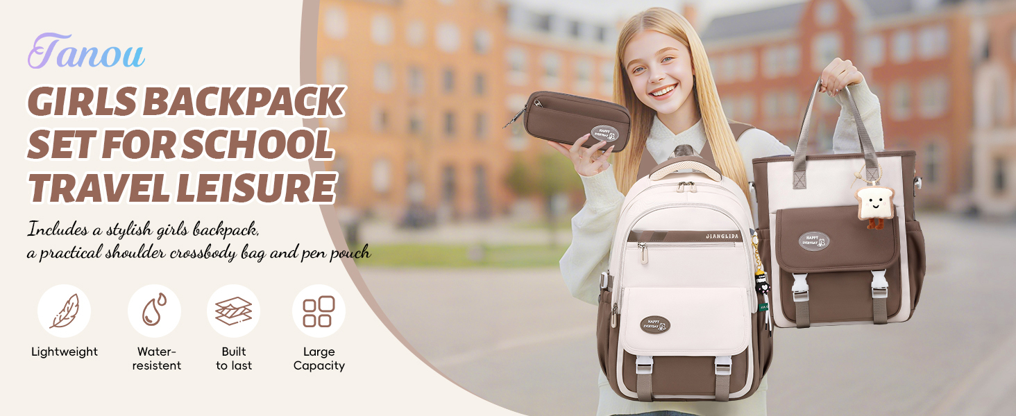 Шкільний рюкзак Tanou для дівчаток-підлітків: набір з рюкзаком, сумкою через плече та пеналом. Зелений шкільний рюкзак для дітей.