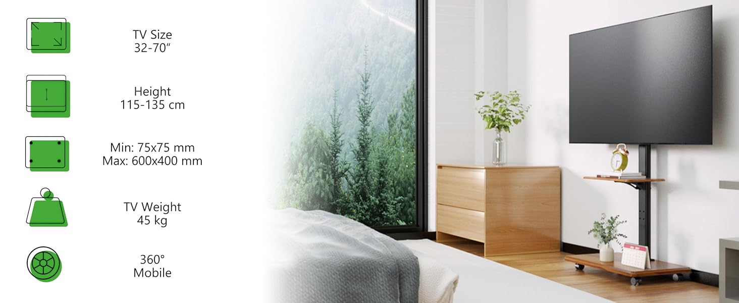 Підставка для телевізора Delphos Mobiler TV – мобільна, з дерев'яною основою, для телевізорів 32-70 дюймів, до 45 кг, регульована по висоті (до 130 см), поворотна ±25°, VESA 600x400 (волоський горіх)