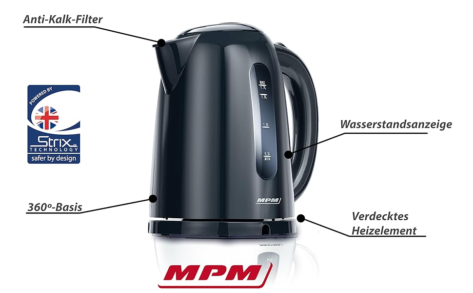 Електричний чайник MPM MCZ-85/G1, 1.7 л, без BPA, бездротовий, 360° обертання, антинакипний фільтр, автоматичне вимкнення, чорний, 2200W, графіт