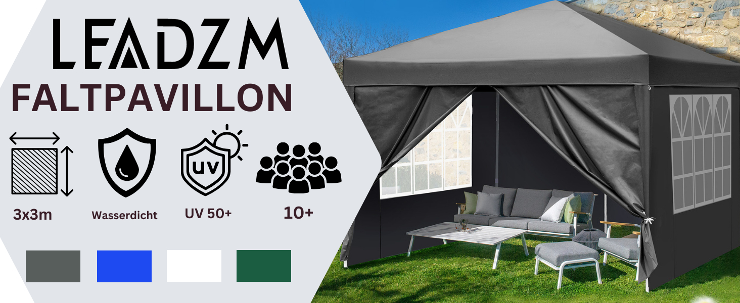Павільйон 3x3 м Pop-up, водонепроникний, зимостійкий, регульована висота, UV захист 50+, сталевий каркас, для саду, вечірок, кемпінгу, на відкритому повітрі, з 4 боковинами, темно-сірий