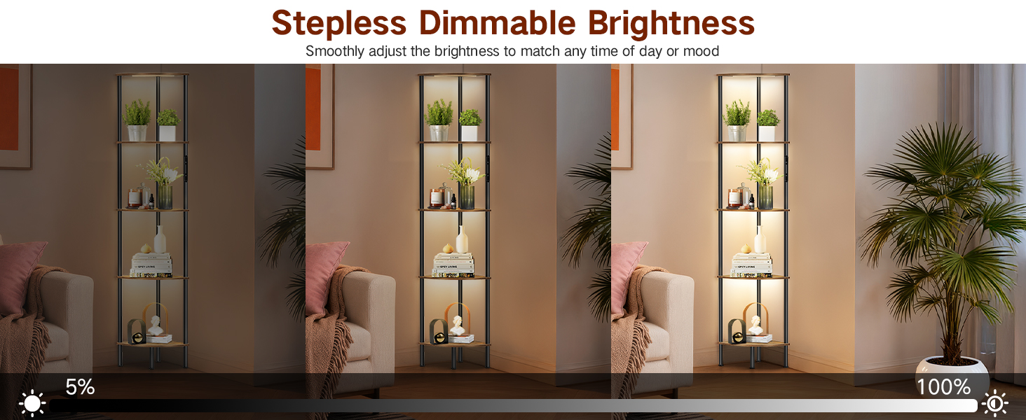 Стійка лампа OUTONLIFE з полицями, LED, 3 режими, регулювання яскравості, пульт, 5 ярусів, для вітальні, спальні, офісу, колір: Rustic Brown
