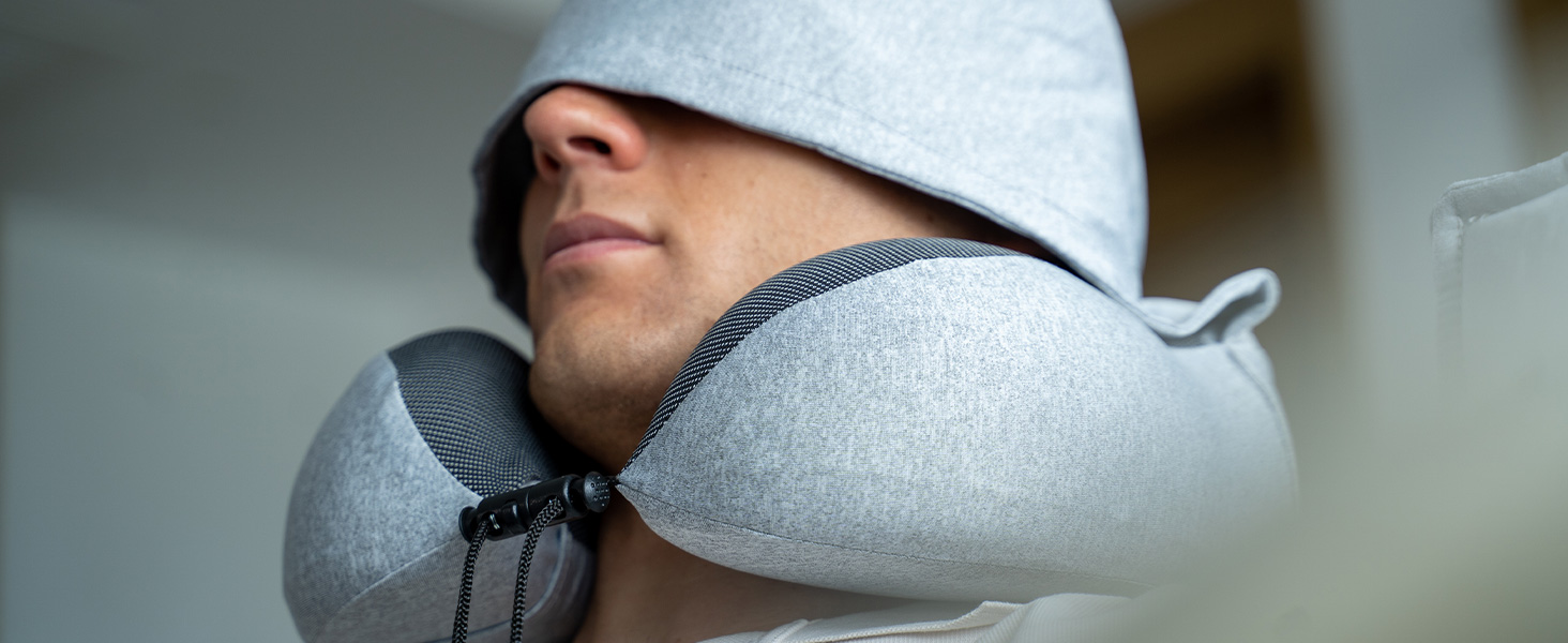 Подушка для шиї Eono з Memory Foam, з капюшоном, сірого кольору. Зручна подушка-вишийна для подорожей (літак, авто, поїзд, офіс, сон)