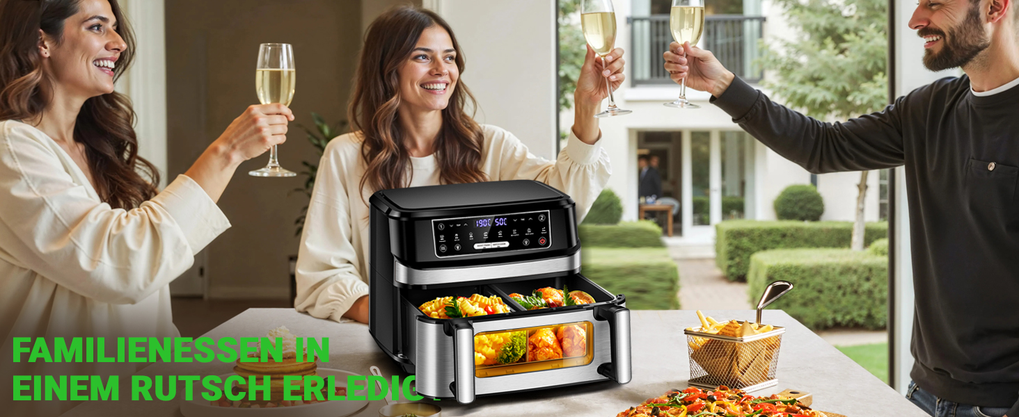 Фритюрниця повітряна подвійна 12л з 8 програмами та рецептами | Регулювання температури до 200°C, срібна