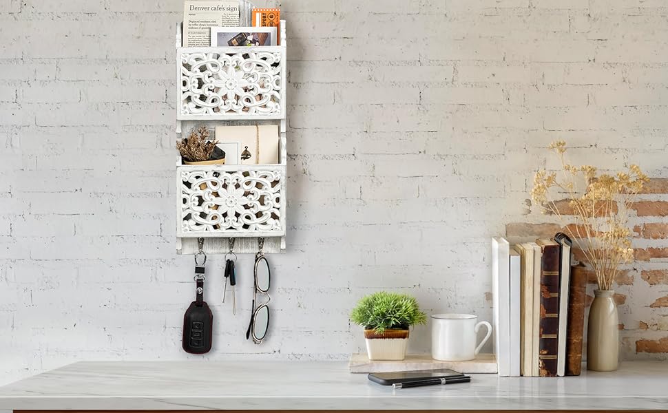 Дерев'яний органайзер для ключів з поличкою та відділенням для листів, крейдяною дошкою та 8 гачками, настінний (античний)