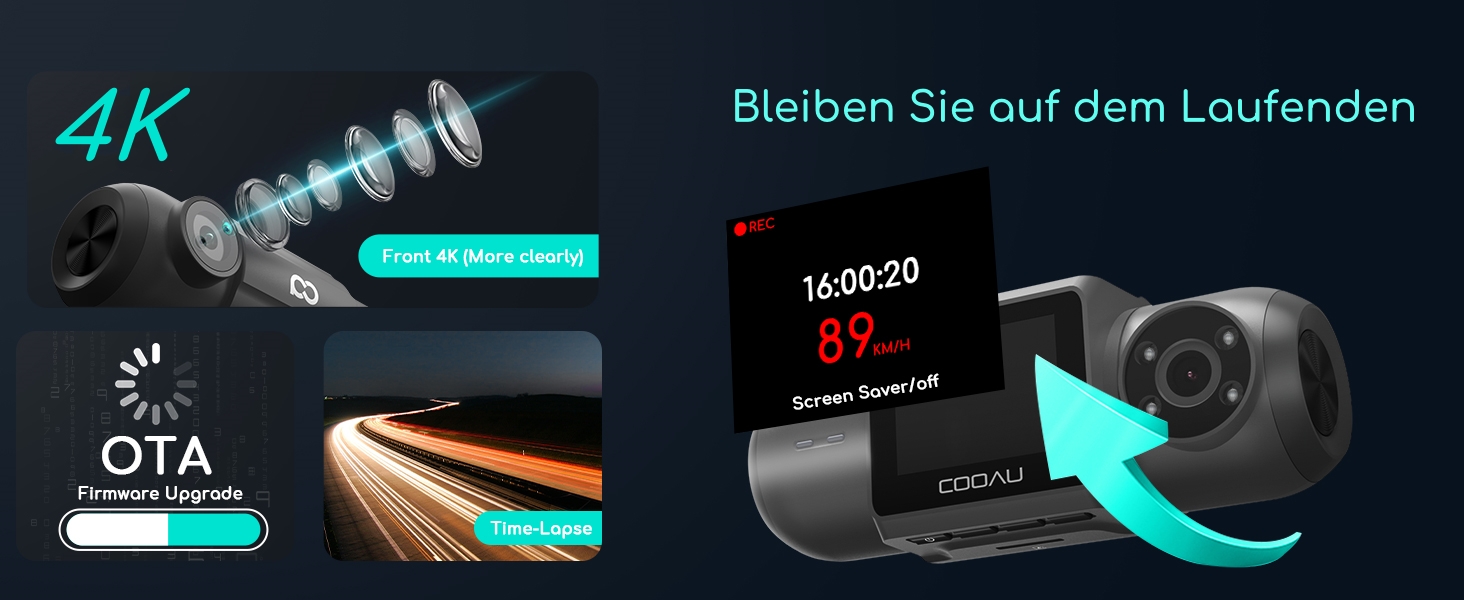 Відеореєстратор COOAU D30S 4K з GPS, WiFi, двома камерами (передньою 4K та внутрішньою 2.5K), інфрачервоною нічною зйомкою, G-сенсором, паркувальним режимом та підтримкою карт пам'яті до 256GB