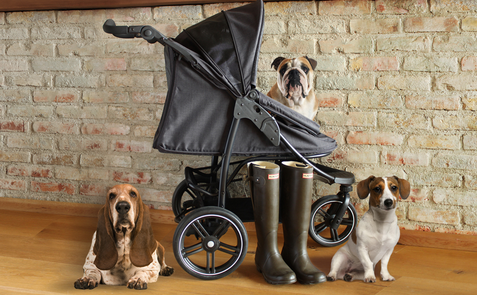 COOPER Складаний собачий візок до 32 кг | Регульована висота ручки, кошик для покупок | М'які ручки, світловідбиваючий дизайн | Ідеальний для транспортування тварин – Чорний