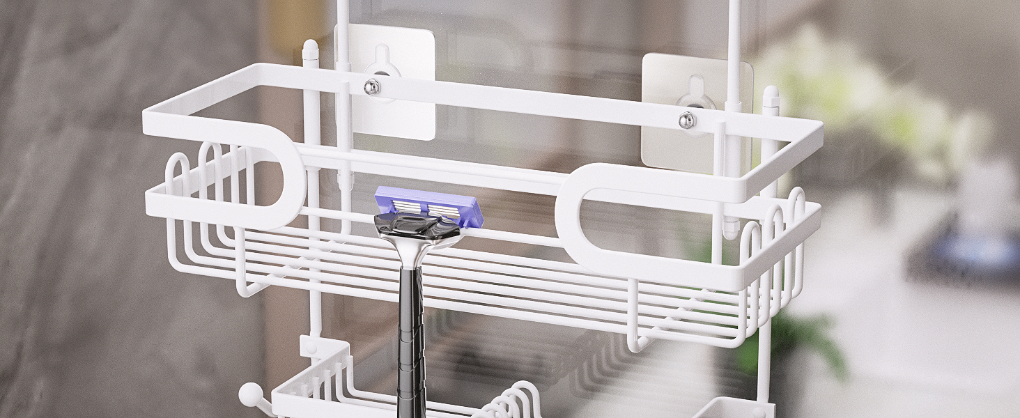 Настінна поличка для душу SWTYMIKI з 2 кошиками та 2 мильницями, з нержавіючої сталі, 14 гачків, білий колір