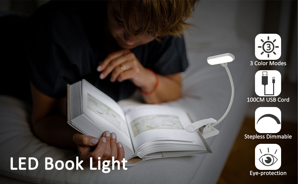 LED лампа для читання з кліпсою, USB, 9 світлодіодів, 3 режими температури кольору (теплий/холодний/природний), регульована яскравість, 1.8W, для читання в ліжку, комп'ютер