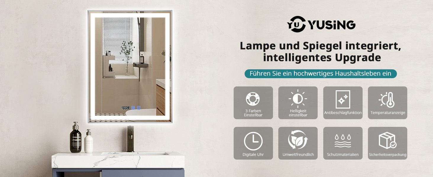 Дзеркало для ванної кімнати YU YUSING з підсвічуванням 60x80 см, антизапітніння, 3 кольори світла, регулювання яскравості, LED, годинник, IP44, металевий каркас, вертикальне, срібне