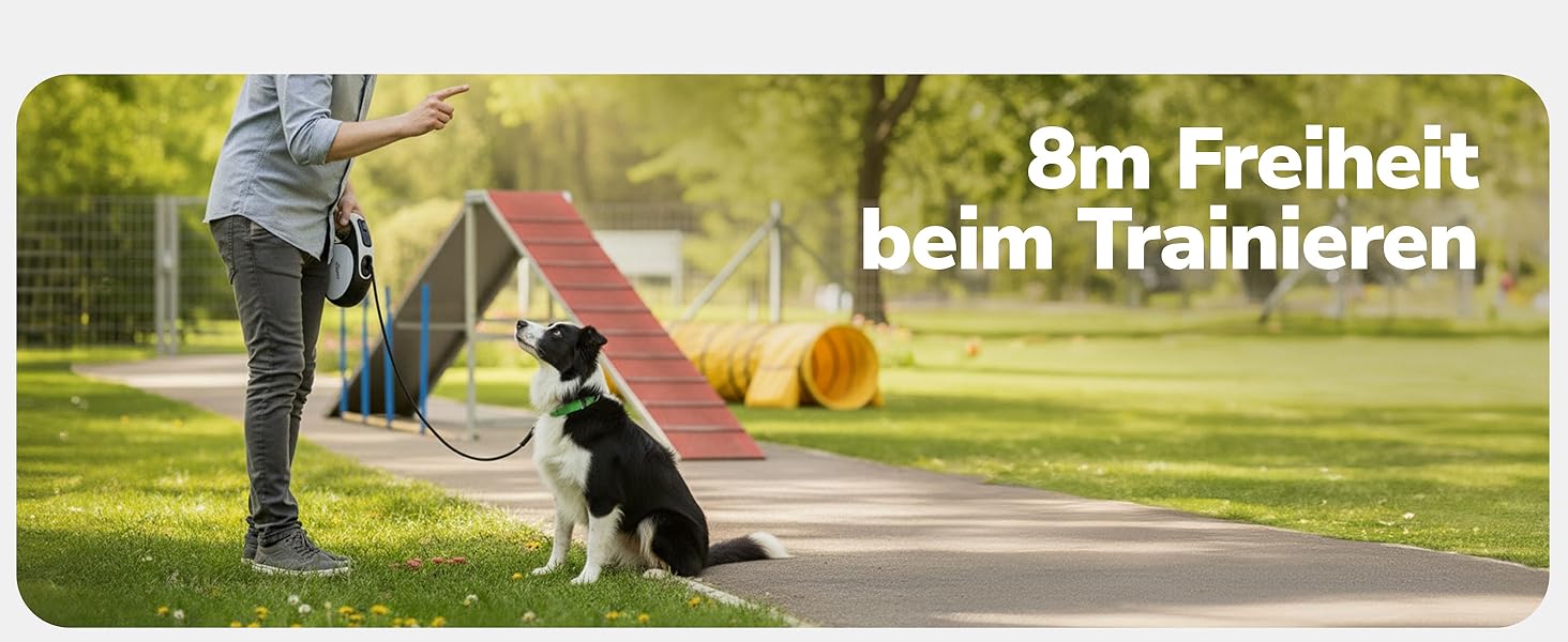 Рулетка для собак 8 м з тримачем для відходів – міцна витяжна повідка для маленьких, середніх та великих собак – повідка з нейлоновим шнуром 360°, антиковзний руків'я та кнопка швидкого гальмування 8 м