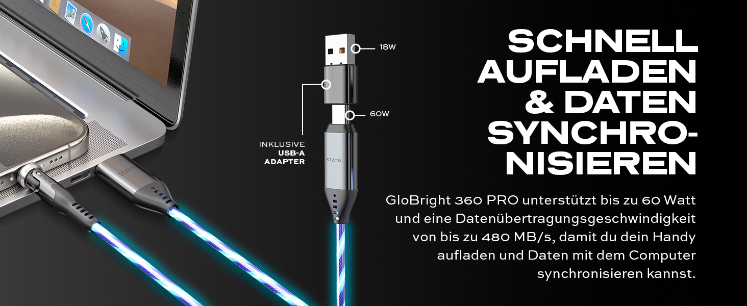 LED кабель Statik GloBright 360 Pro 2. Gen з підсвічуванням, USB-C, кут повороту 90°, 180°, 360°, 1 м, iProdukt