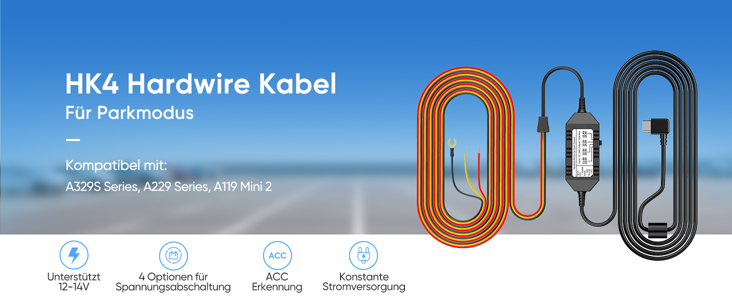 Кабель живлення VIOFO HK4 Hardwire Kit для відеореєстраторів A329, A119M, A229 (Type-C) з режимом паркування та захистом від розрядження акумулятора