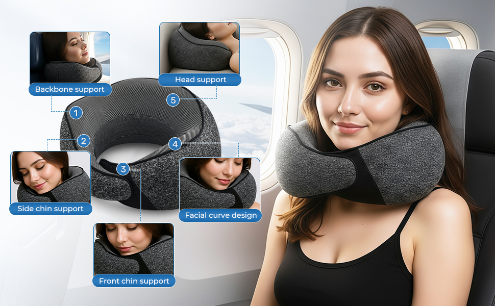 Подушка для шиї у літак, подушка для подорожей, з навушниками та маскою для очей, сіра