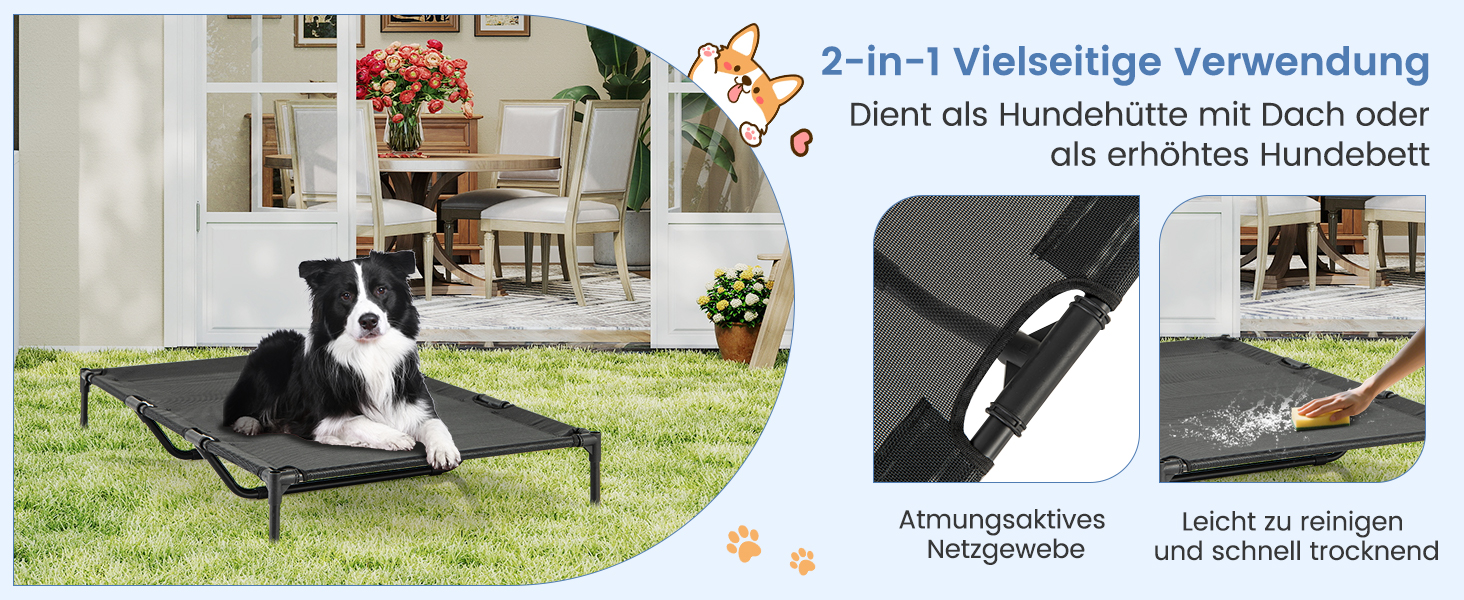 Будка для собак COSTWAY 2 в 1 з піднятим ліжком, Outdoor, сірий Оксфорд (84 x 132 x 114 см)