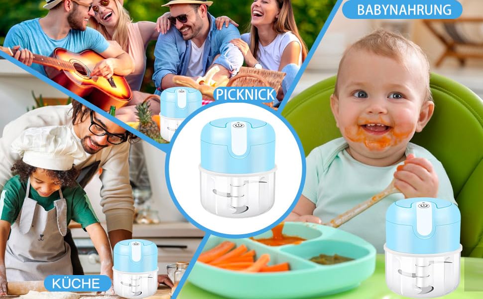 Електричний міні-подрібнювач EASYSPEED Zerkleinerer: 250 мл, для м'яса, овочів, дитячого харчування, кемпінгу (блакитний)