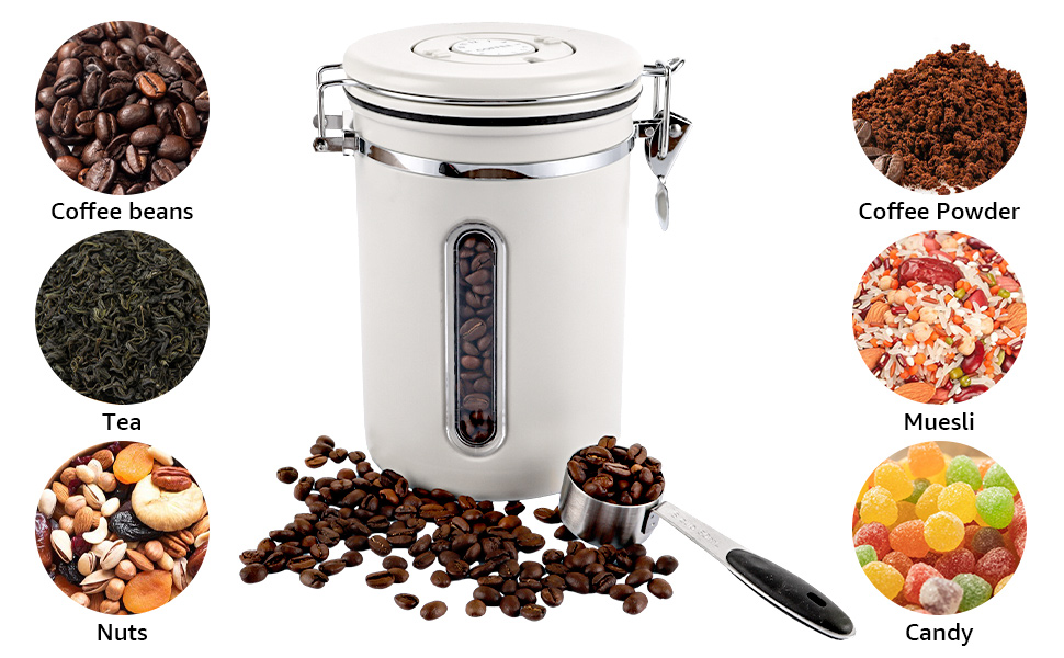 Контейнер для кави 1800 мл з прозорим вікном, з нержавіючої сталі, з ложкою, білий, для кавових зерен, чаю, горіхів, какао