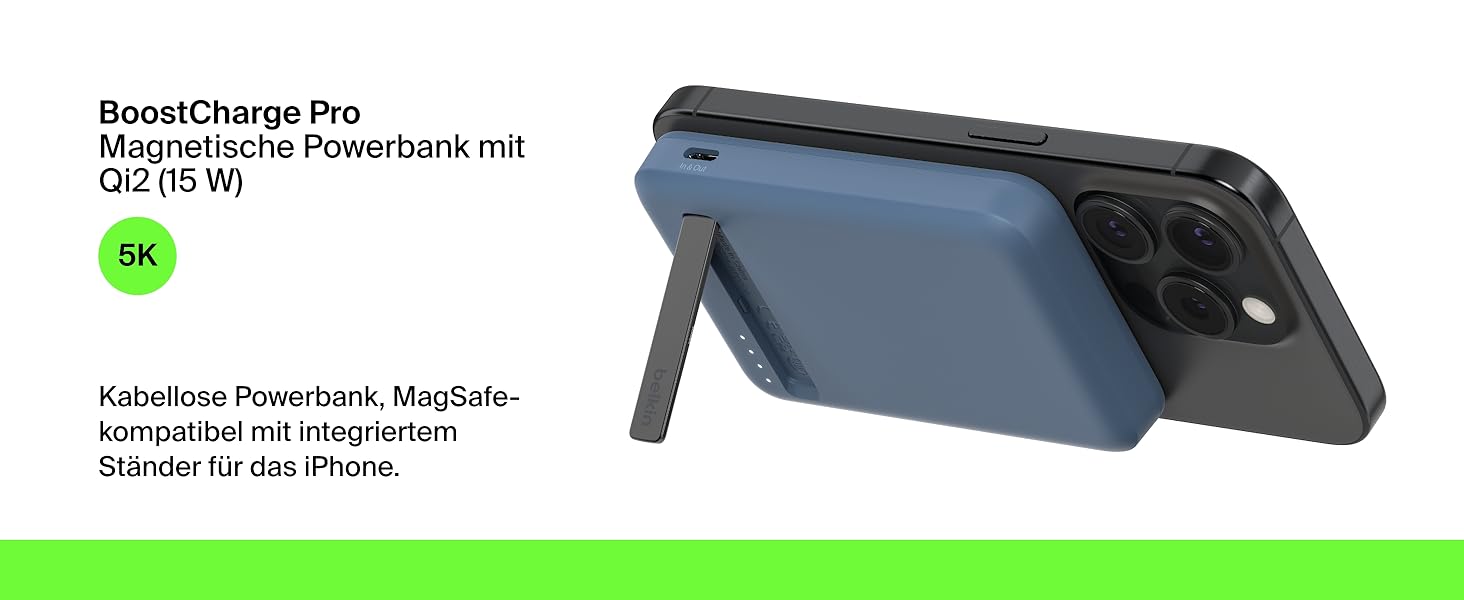 Belkin BoostCharge Pro Powerbank 10000mAh з Qi2 та MagSafe, з вбудованим підсвітником, для iPhone 17, iPhone Air, iPhone 16, 15, 14, Pixel та інших – (5K, Blue)
