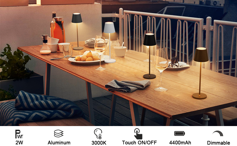 LED акумуляторні настільні лампи Klighten (2 шт.), диммування, для дому та вулиці, USB зарядка, 3000K, IP54, алюміній (чорний)