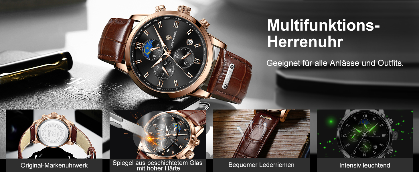 Годинник чоловічий LIGE, Хронограф, Аналоговий кварц, Ремінець зі шкіри, Календар, Світлодіодне підсвічування, Водостійкий 3ATM, Чоловічий годинник для бізнесу та відпочинку, Чорний