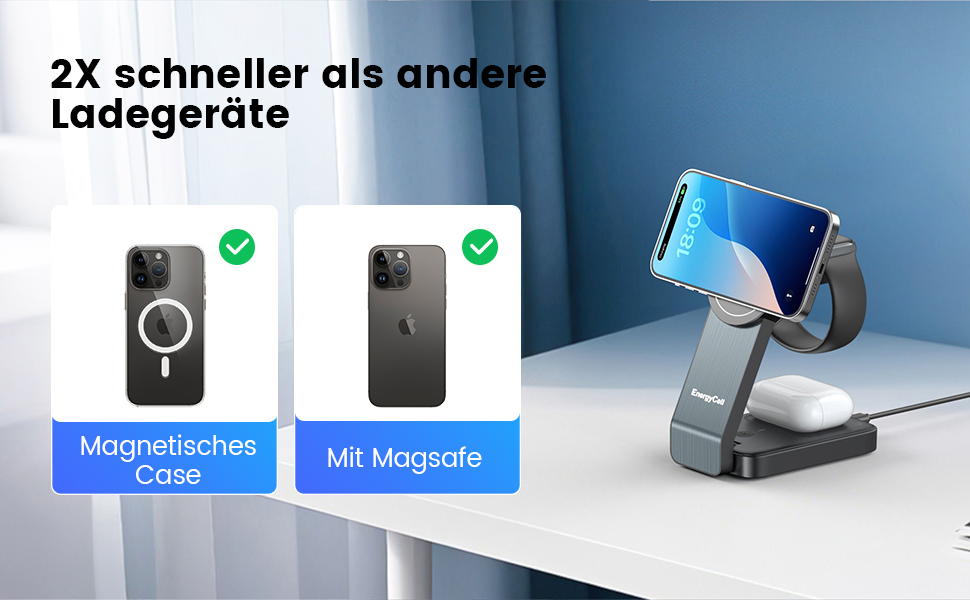 3-в-1 Зарядний пристрій MagSafe: Бездротова зарядка для iPhone 16/15/14/13/12, годинників та AirPods Pro/2/3 - Чорний (15W)