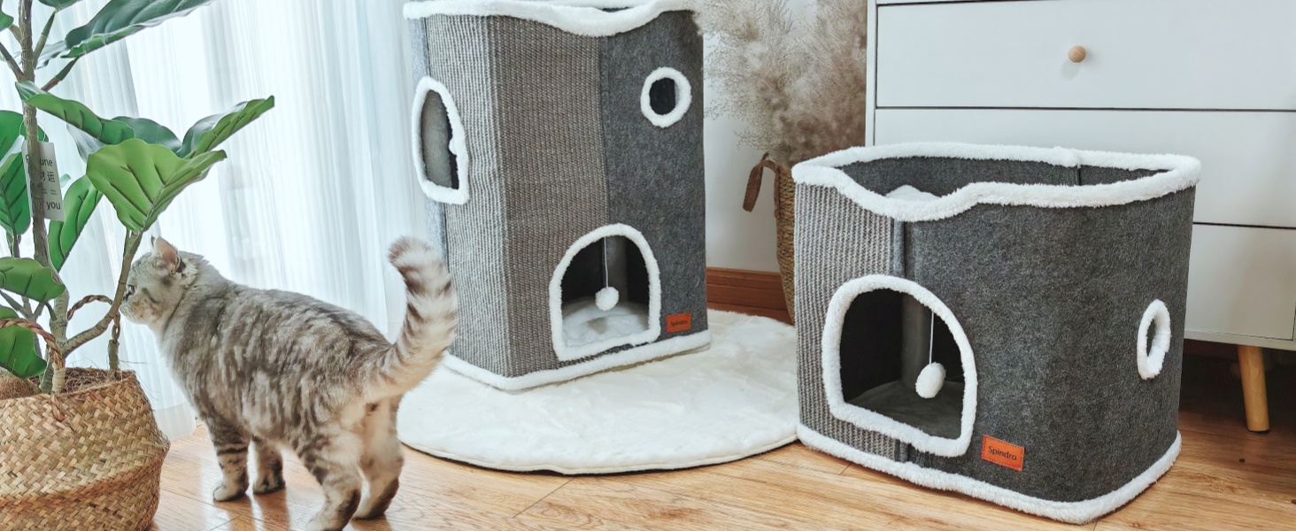 Spindro Котяча хатинка-ліжко велика, будиночок для котів для дому з м'якою подушкою Sherpa та підвішеною іграшкою, світло-сірий, 42x42x33 см, 4-рівнева, 42x32x84 см