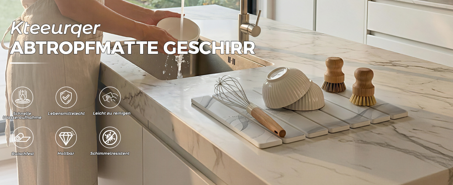 Килимок для сушіння посуду Abtropfmatte 40x30 см з діатоміту (камінь), з мильницею, швидковисихаючий, хвилястий дизайн для кухні