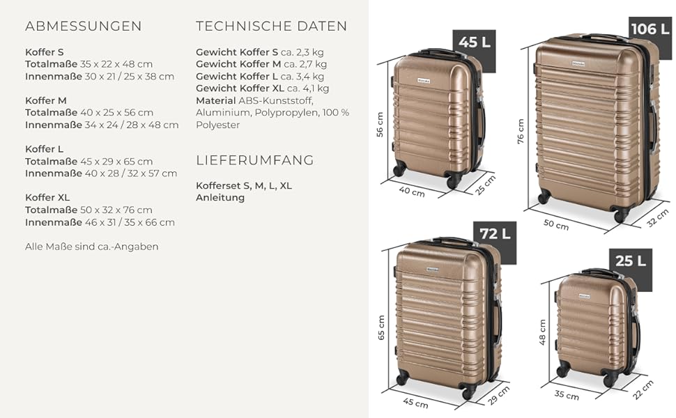 Набір валіз Tectake® 4 шт. з TSA замком, жорсткий корпус, набір валіз-роликів, ABS, 4 колеса, поворот на 360°, телескопічна ручка - зелений (шампань)