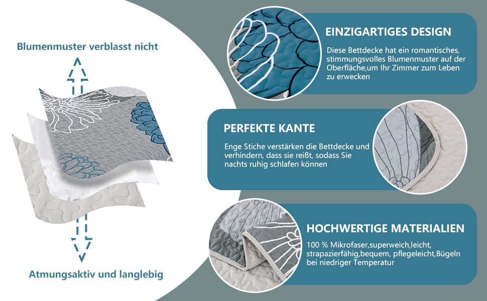 Tagesdecke WONGS BEDDING 220x240 см з квітами: тепла літня ковдра для двоспального ліжка з мікрофібри та 2 наволочками 48x75 см