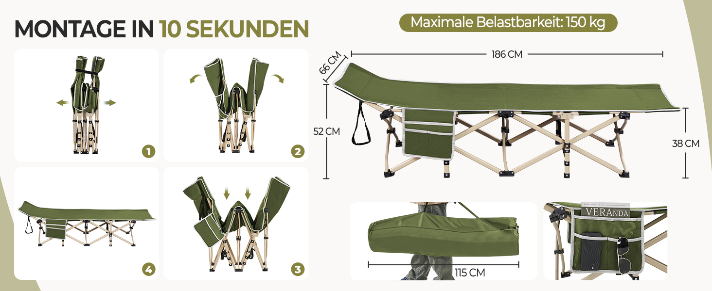 Ліжко-розкладачка Yaheetech для кемпінгу, зелене, до 150 кг, з бічною кишенею та сумкою для транспортування