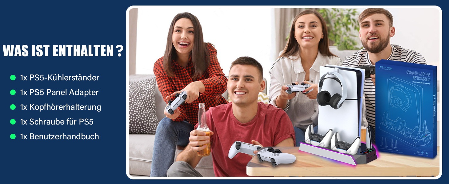 Підставка для PS5 Slim/Pro з зарядною станцією для контролера PlayStation 5 (Disc/Digital), аксесуари PS5 з RGB підсвіткою, вентилятор, тримач для навушників, USB хаб, чорно-білий, Q511