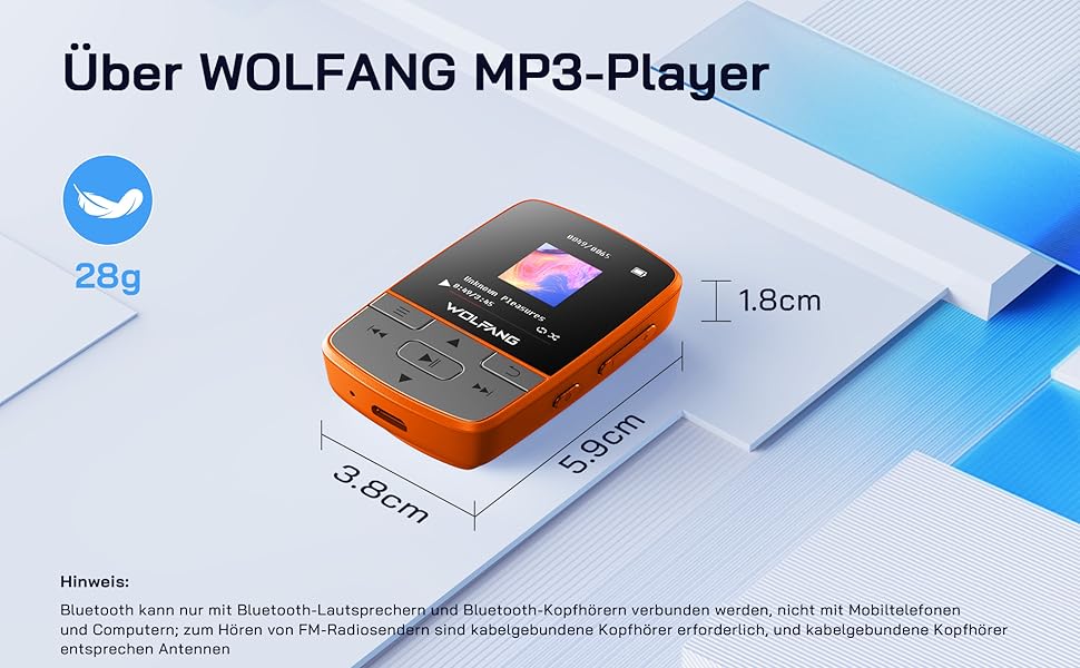 MP3-плеєр WOLFANG 64GB Bluetooth 5.2, помаранчевий: Спорт-кліпса, Hi-Fi радіо, диктофон, навушники в комплекті