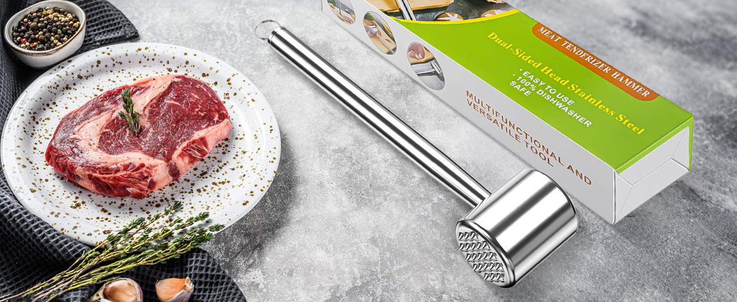 Клобак для м'яса HOOMIL, двосторонній антипригарний, для шніцелів та стейків, з нержавіючої сталі, з неслизькою ручкою