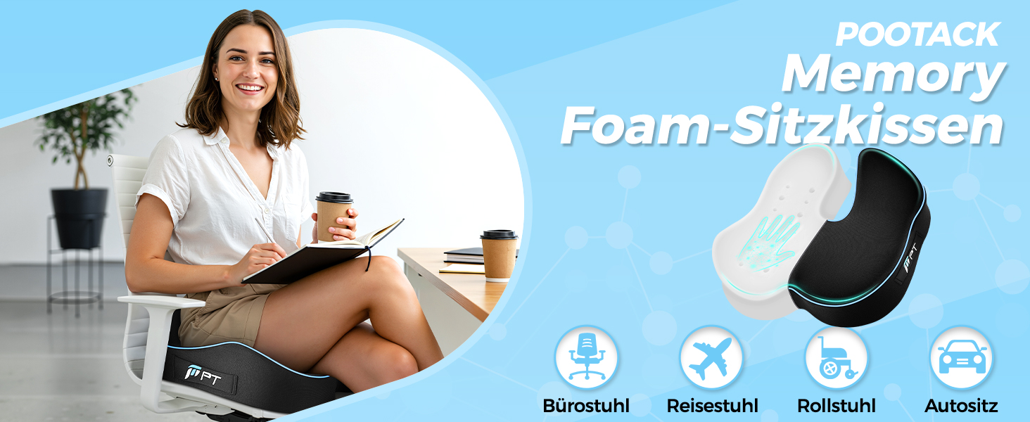 Подушка для сидіння POOTACK з memory foam - для офісного крісла, автосидіння та дому, м'яка підтримка спини, дихаючий чохол, блакитно-чорний